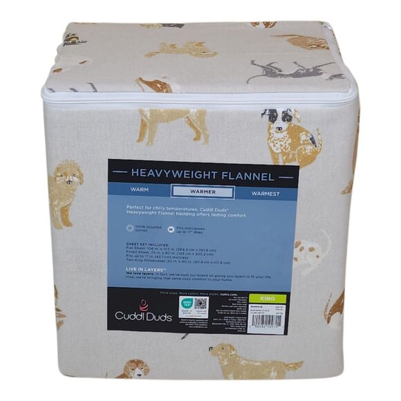 Cuddl Duds King Heavyweight Flannel Sheet Set Warmer Brushed Cotton Cozy Dog - Picture 3 of 8